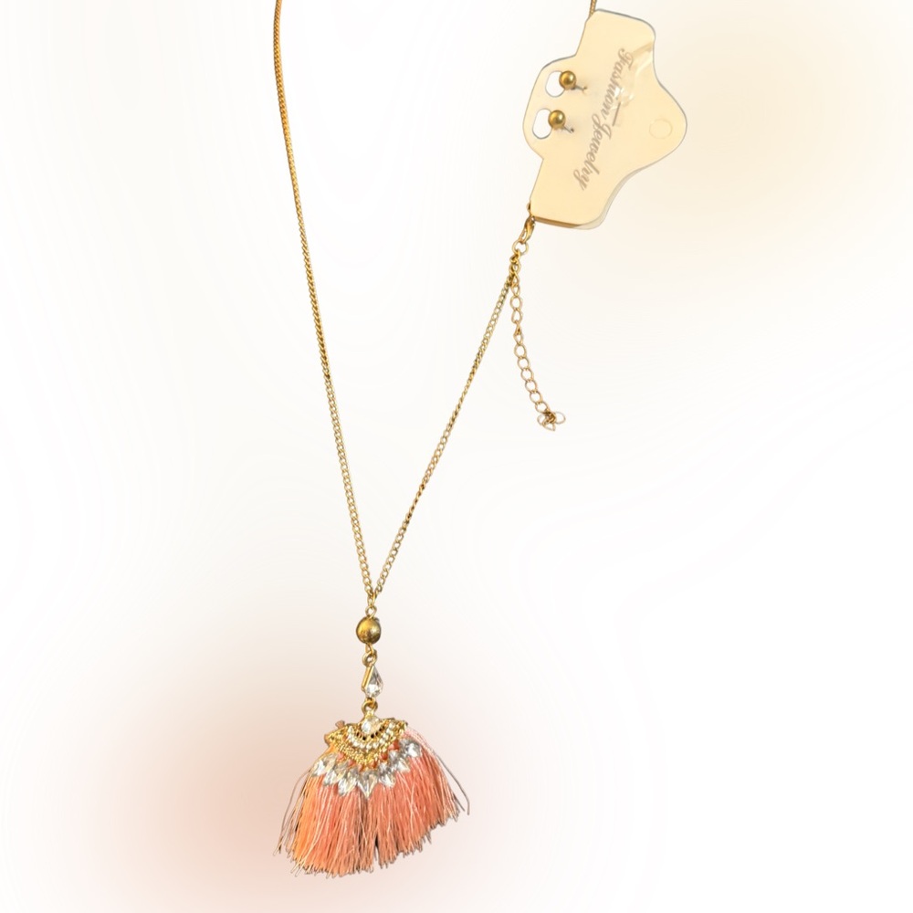 Chic Gold Necklace with Peach Tassel‎ Pendant and Earrings